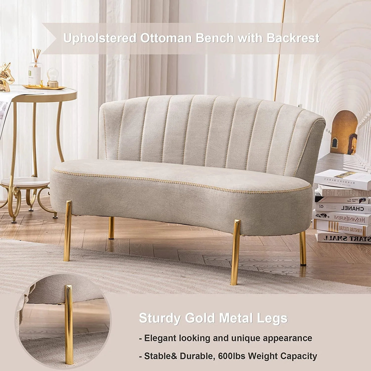 Andeworld Upholstered Small Sofa Couch Modern Loveseat Accent Ottoman Bench Bed Bench Entryway Bench with Backrest for Living Room Bedroom Beige