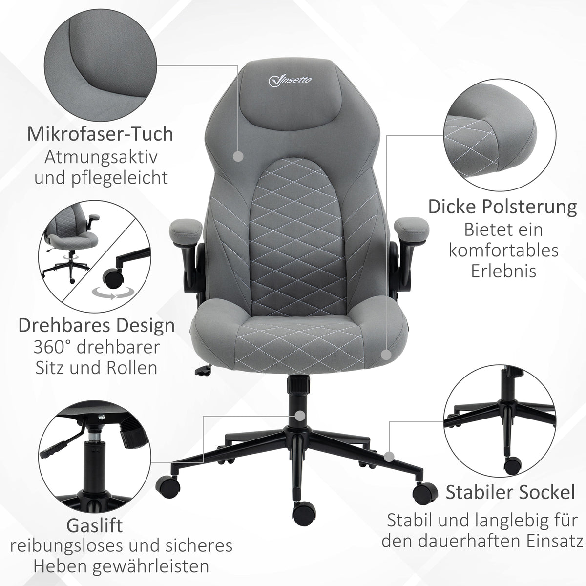Vinsetto Bürostuhl mit Rückenlehne, höhenverstellbar, klappbare Armlehnen, Wippfunktion, Hellgrau