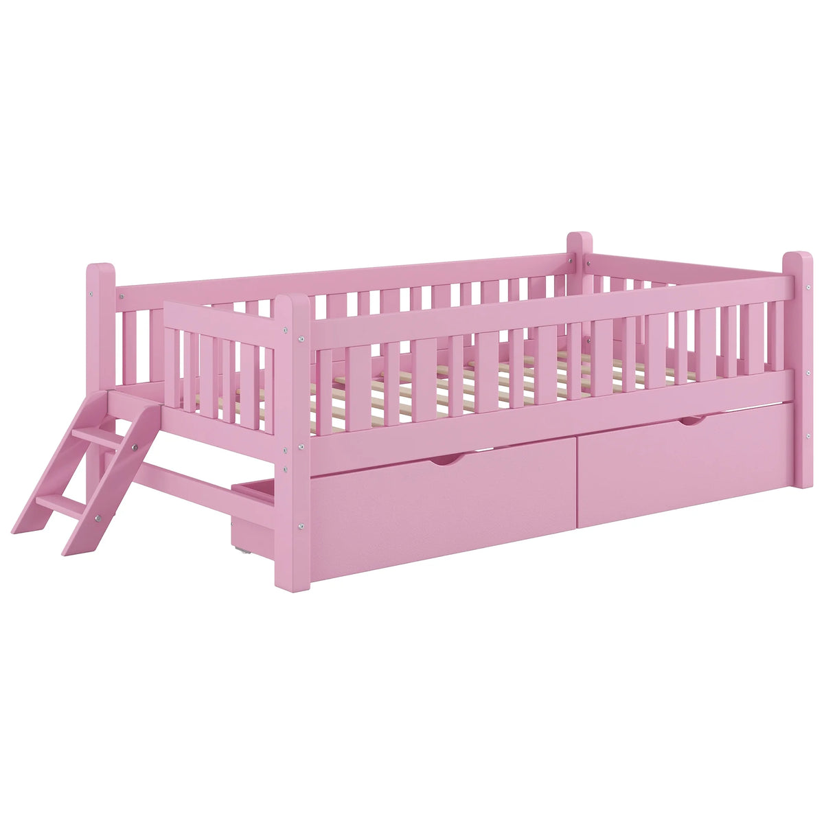 Euroco Wood Twin Size Platform Bed with 2 Drawers and Ladder for Kids and Toddlers, White