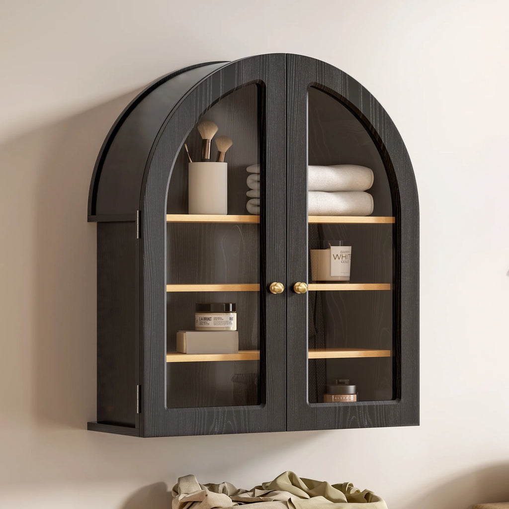 EYYTHUNG Modern Arched Wall Cabinet, Large Medicine Cupboard, Black Cabinet for Bathroom with Adjustable Shelf, Black Oak