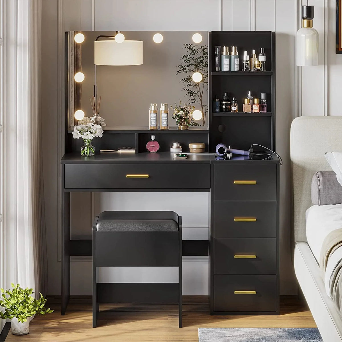 Black Vanity Set with Lights & Charging Station & Cushioned Stool, Modern Makeup Vanity Desk Table with Visible Drawers and Open Storage Shelves for Women Girls