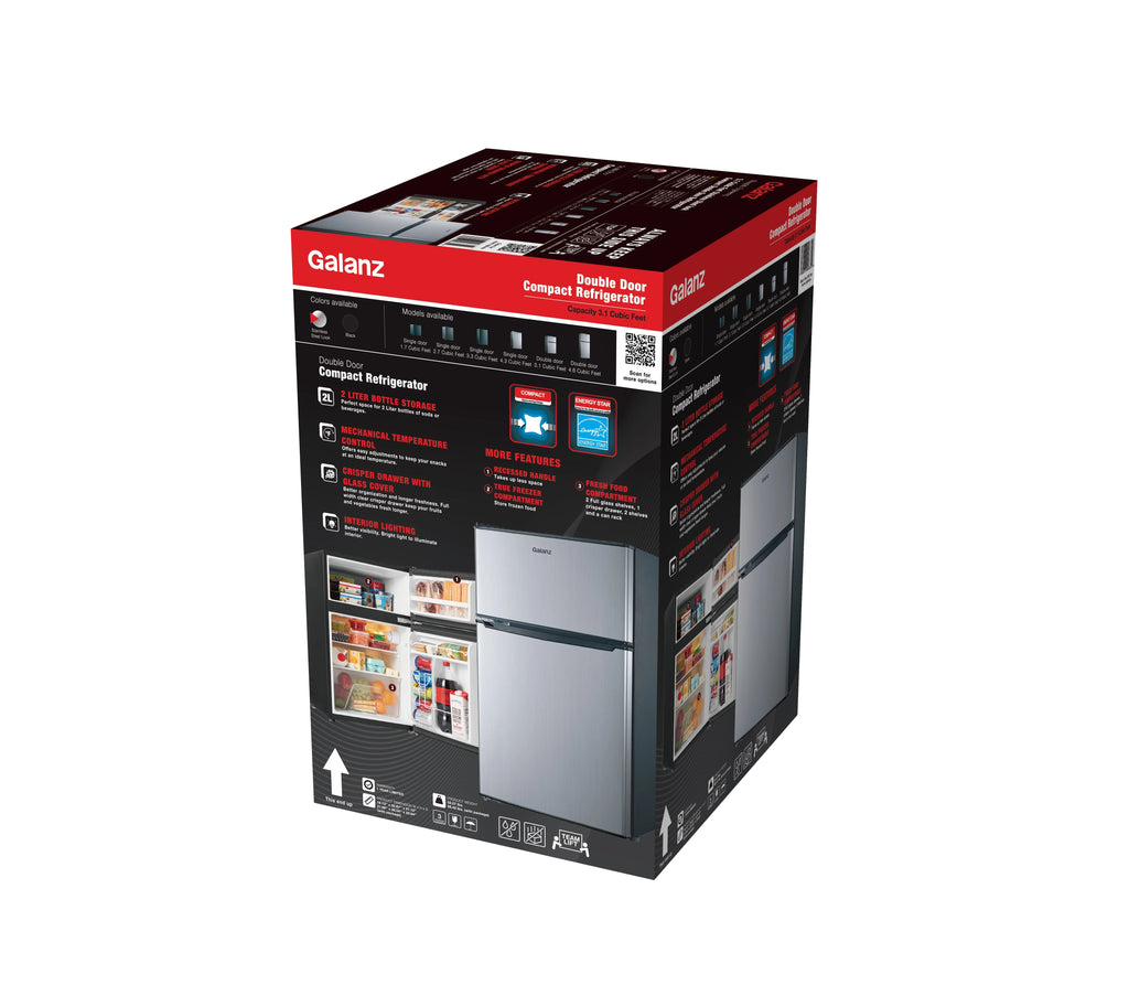 Galanz 3.1 cu ft Two Door Mini Fridge, Black, New
