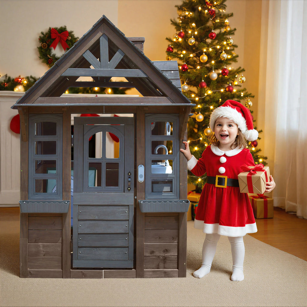 COCLUB Outdoor Playhouse for Kids Ages 4 - 8, Wooden Play House with Doorbell, Phone, Kitchen Toys, Outdoor Kids Play Equipment, Casa Para Niñas (45"l x 65"h), White & Black