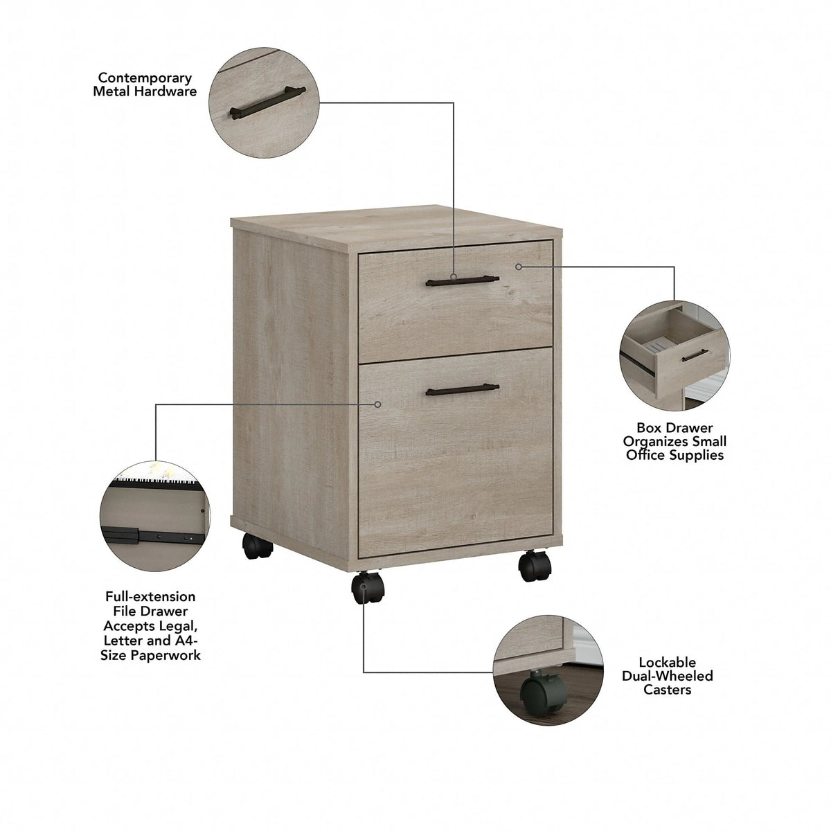 Bush Furniture Key West 2 Drawer Mobile File Cabinet in Washed Gray