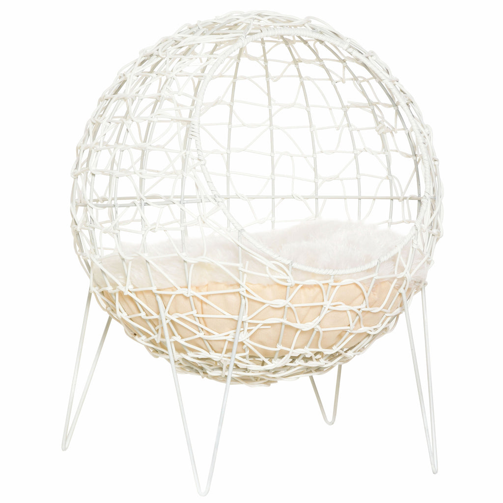 Pawhut Rattan Katzenkorb Katzenhöhle Katzenhütte Katzenbett mit Kissen erhöhtes Design Haustierbett Cremeweiß Ø45 x 57H cm