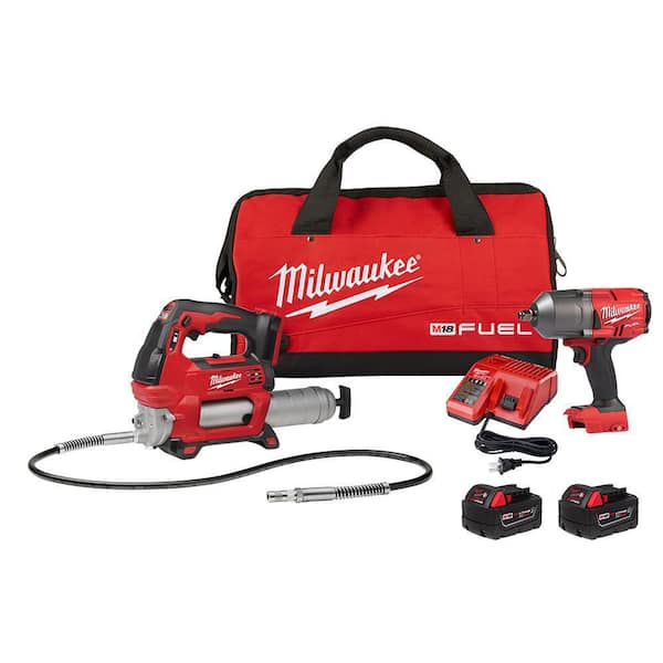 M18 FUEL 18V Lithium - Ion Brushless Cordless 1/2 In. High - Torque Impact Wrench with Grease Gun Kit, Resistant Batteries