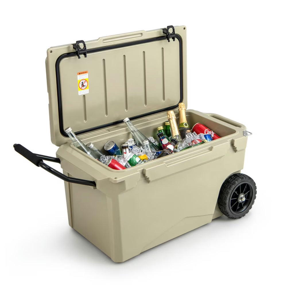 GVN Refrigerator Freezer, Fridge, 75 Quart Portable Cooler Rotomolded Ice Chest with Handles and Wheels - Tan