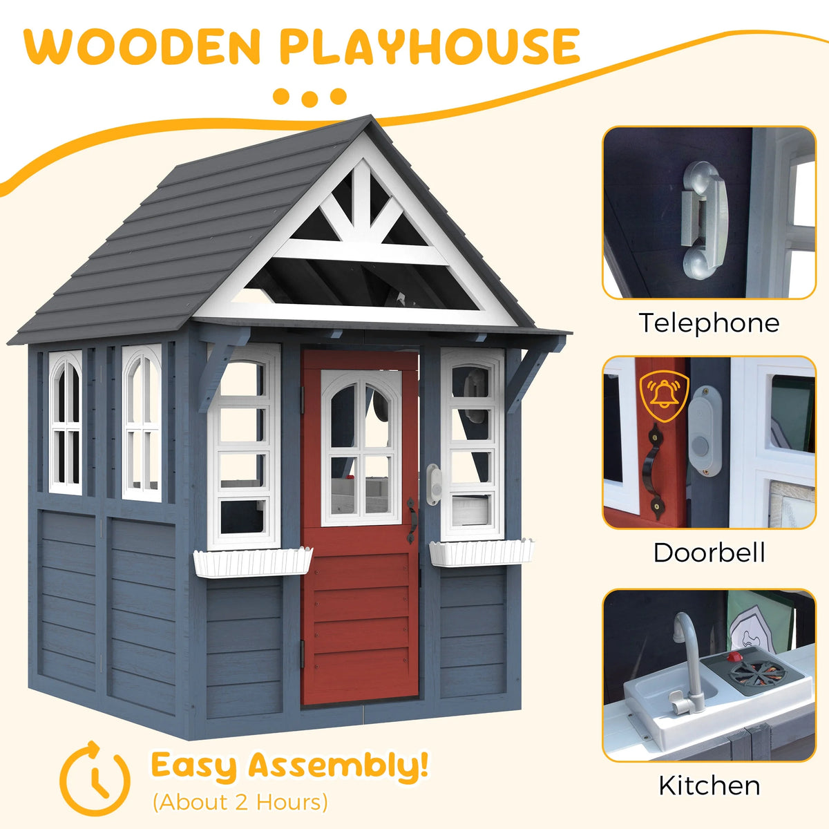 COCLUB Outdoor Playhouse for Kids Ages 4 - 8, Wooden Play House with Doorbell, Phone, Kitchen Toys, Outdoor Kids Play Equipment, Casa Para Niñas (45"l x 65"h), White & Black