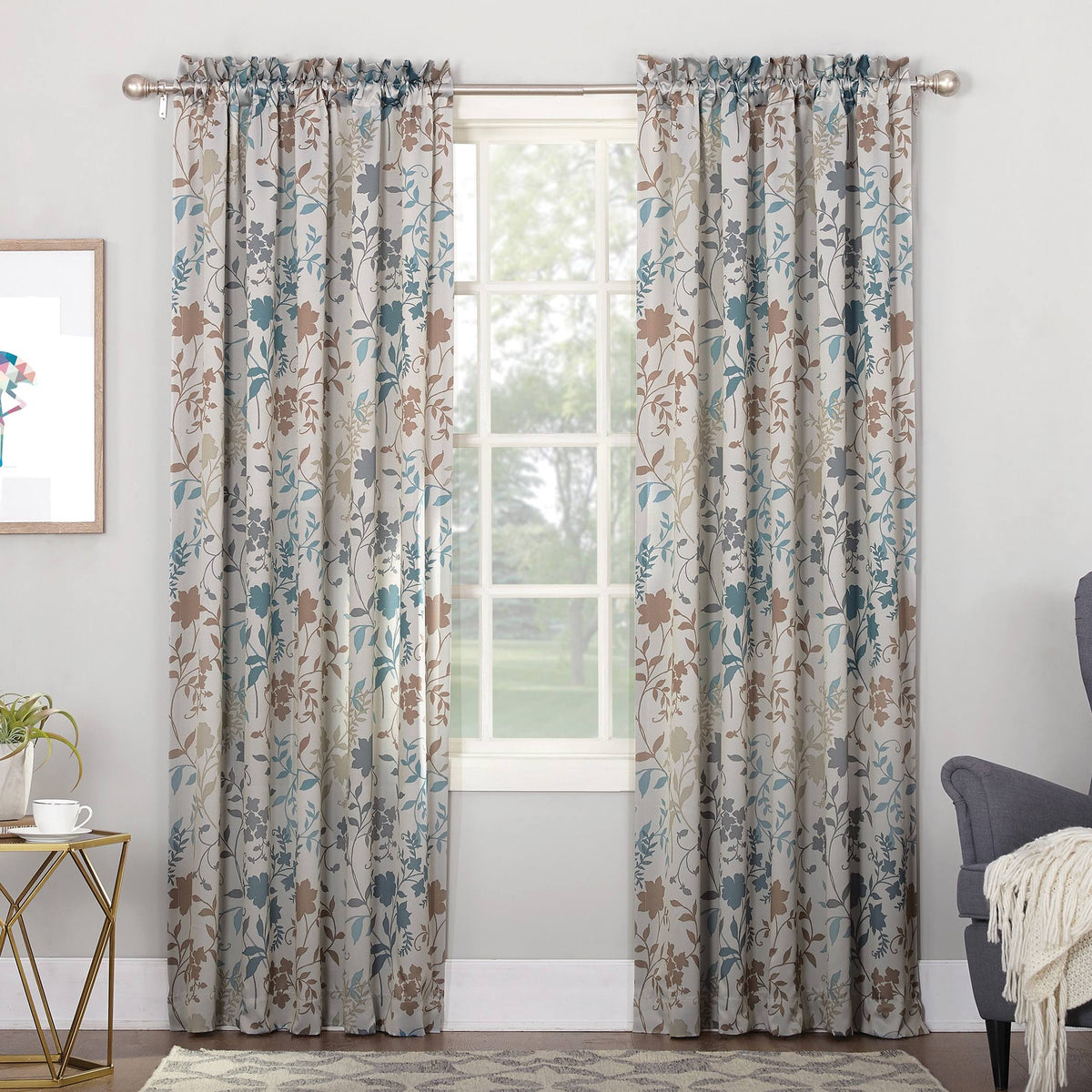 Sun Zero Kara Floral Print Energy Efficient Curtain Panel, 54" x 63", Stone Beige