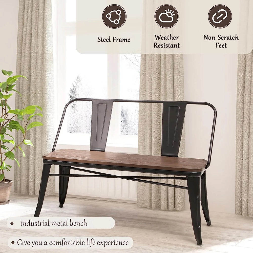 MELLCOM Metal Bench Industrial Mid - Century 2 Person Chair with Wood Seat, Dining Bench with Floor Protector