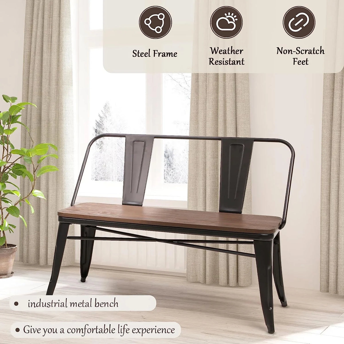 MELLCOM Metal Bench Industrial Mid - Century 2 Person Chair with Wood Seat, Dining Bench with Floor Protector