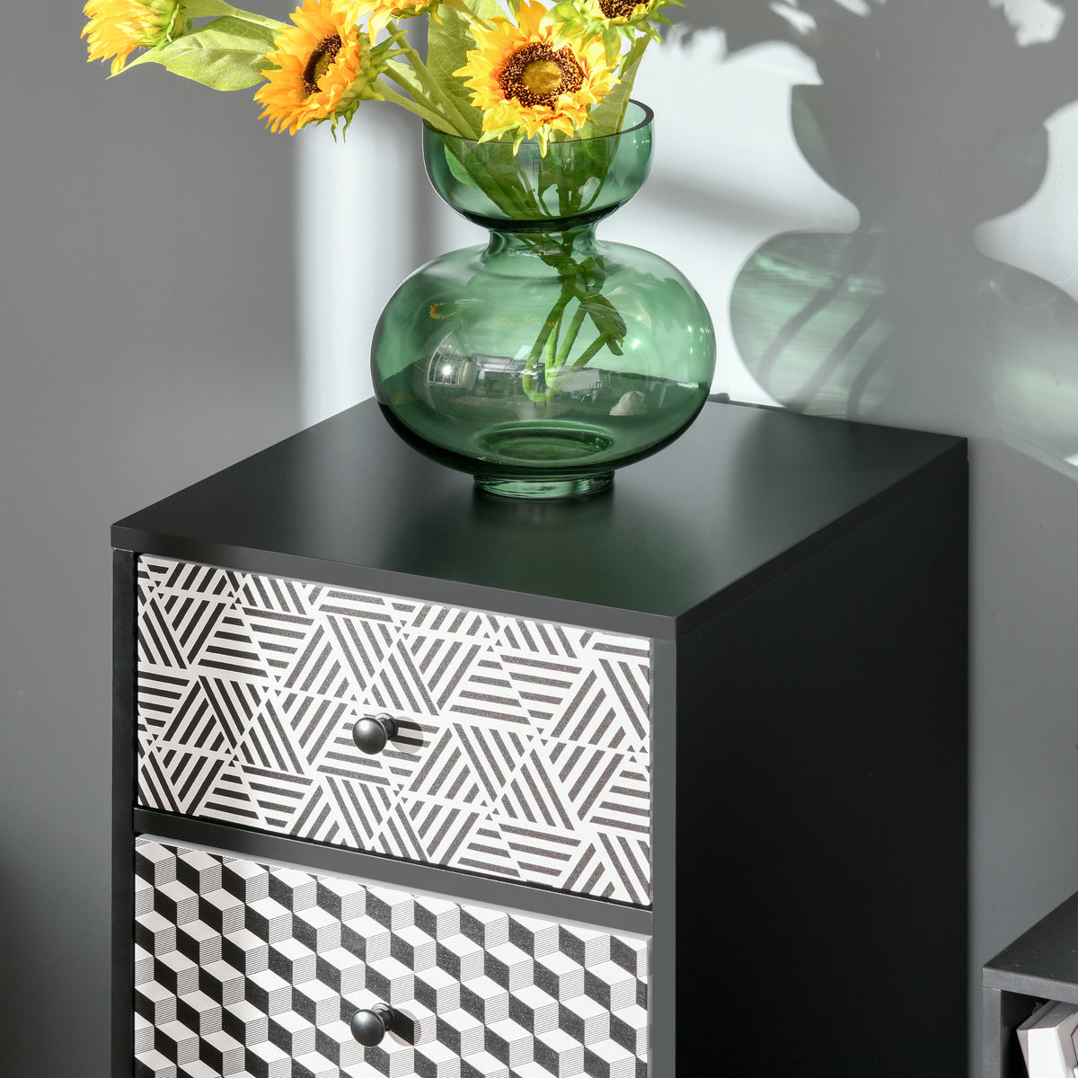 HOMCOM Mobile Schubladenkommode 5 Schubladen mit geometrischem Muster, modernes Möbel für Schlafzimmer und Eingangsbereich, 40x40x111,5 cm Schwarz Grau