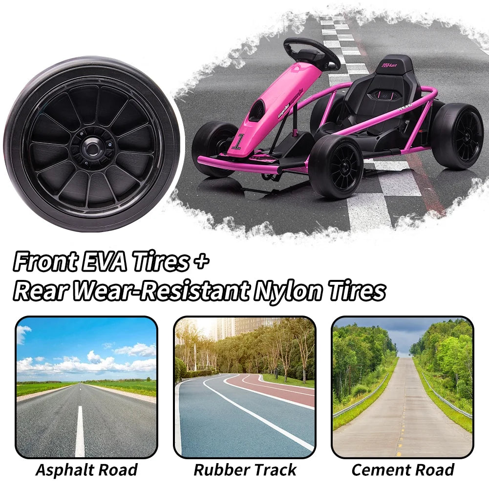 Kojooin Go Kart for Kids, 24V Battery 300WX2 Motors Pedal on Foot Go Cart, 8MPH High Speed Drifting Car with Slow Start Function, Rosé Red