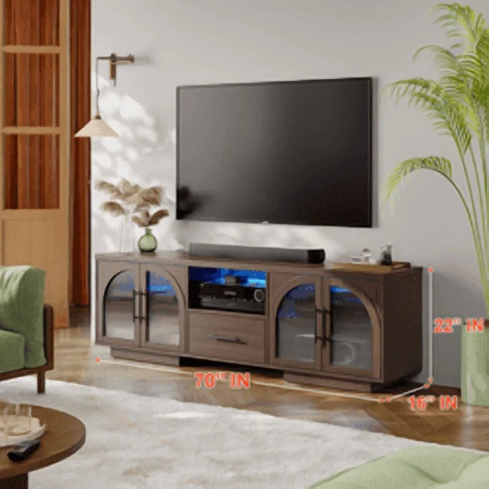 TV Stand for 75 in TV, LED TV Stand for Living Room, 70" Entertainment Center with Arched Glass Doors, Faux Marble Wood Finish Top, Adjustable Shelves, and LED Lighting, Black