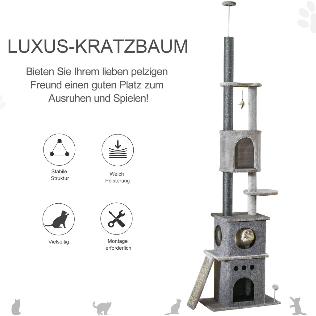 PawHut Kratzbaum Katzenbaum Deckenhoch Kletterbaum mit Katzenspielzeug Sisal Plüsch Hellgrau höhenverstellbar 60 x 40 x 225-255 cm