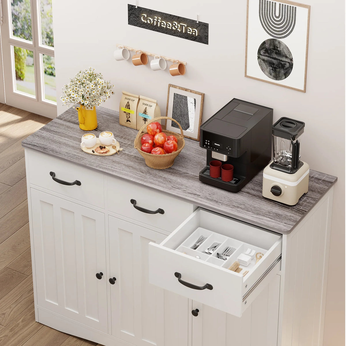 Coffee Bar Cabinet, Lofka 60" Buffet Cabinet with Storage, 2 Sliding Barn Doors & 4 Drawers for Kitchen, White + Rustic Brown