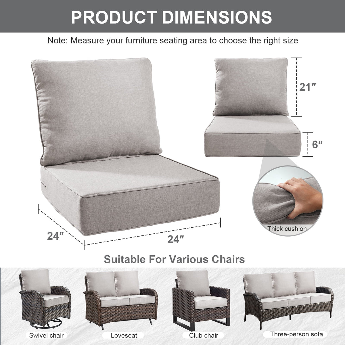 Bellefurn Outdoor Deep Seat Cushion 24 X 24 X 6 in for Patio Furniture, Outdoor Chair Cushions Waterproof & Fade Resistant Patio Furniture Cushions for Wicker Chair, Sofa, Couch