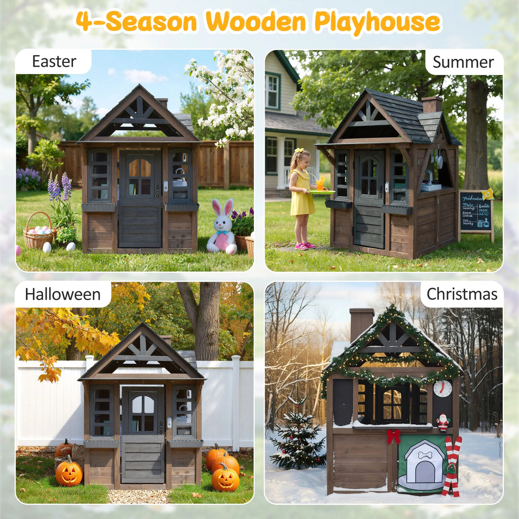 COCLUB Outdoor Playhouse for Kids Ages 4 - 8, Wooden Play House with Doorbell, Phone, Kitchen Toys, Outdoor Kids Play Equipment, Casa Para Niñas (45"l x 65"h), White & Black