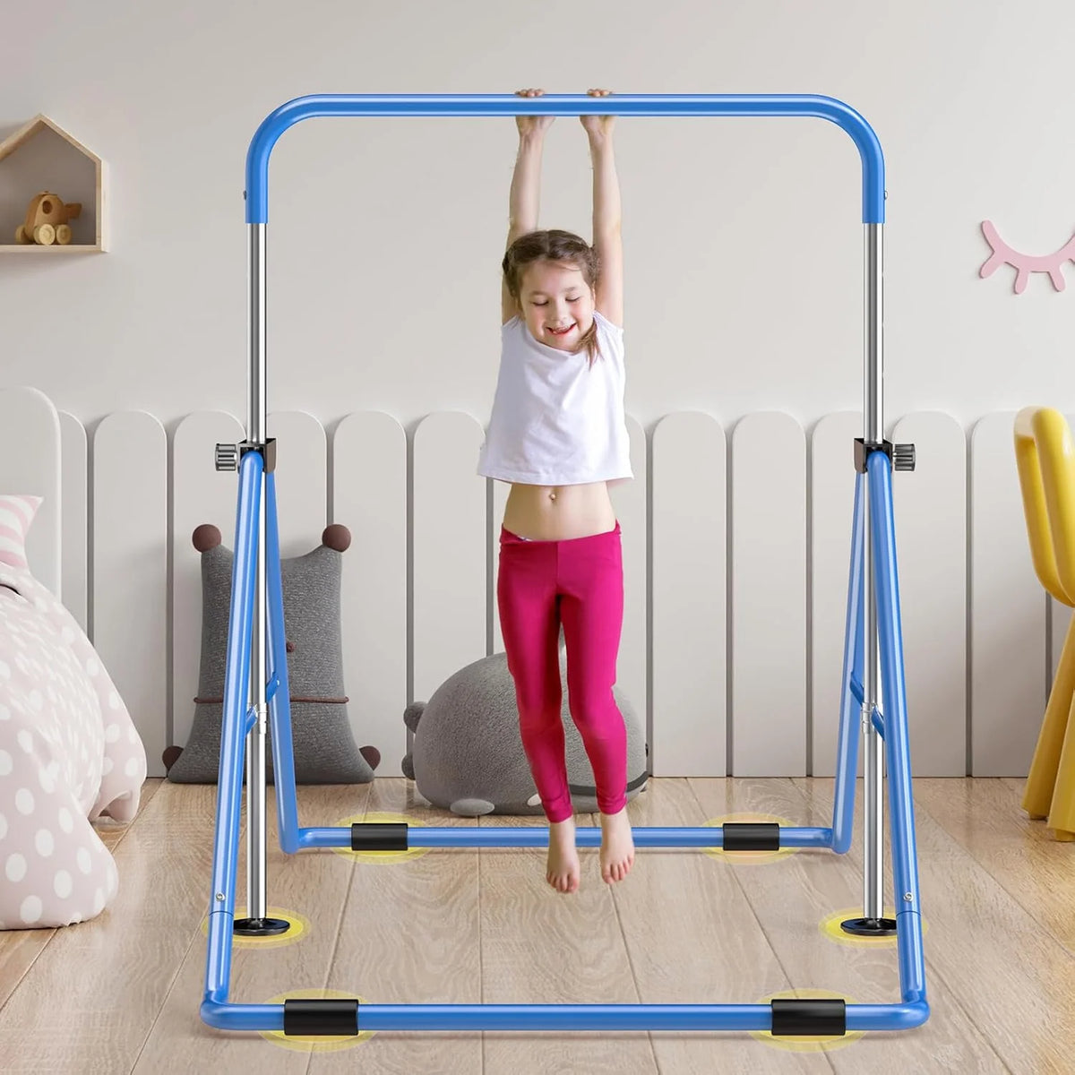 Safly Fun Gymnastics Bar with Mat for Kids, Height Adjustable Junior Training Bar Mat for Home, Folding Gymnastic Horizontal Bars Equipment (Pink+Mat)