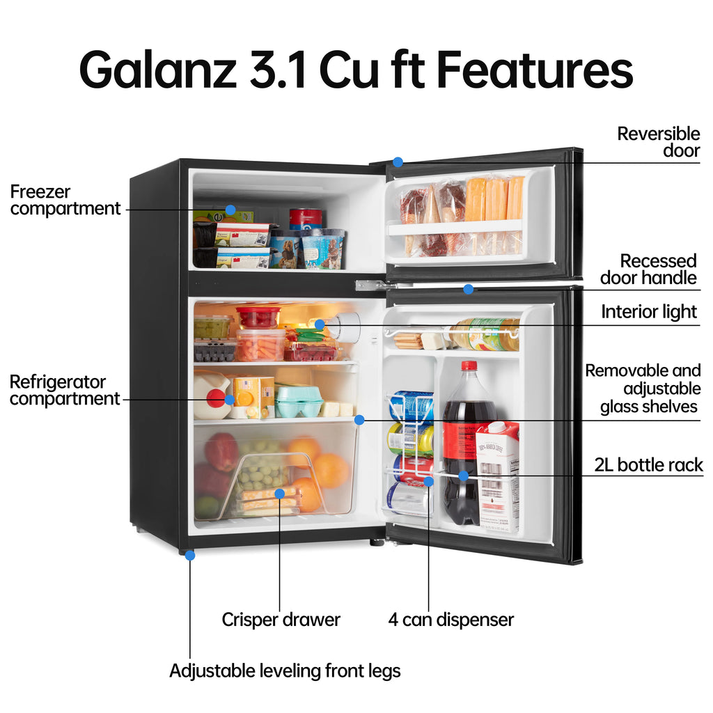 Galanz 3.1 cu ft Two Door Mini Fridge, Black, New