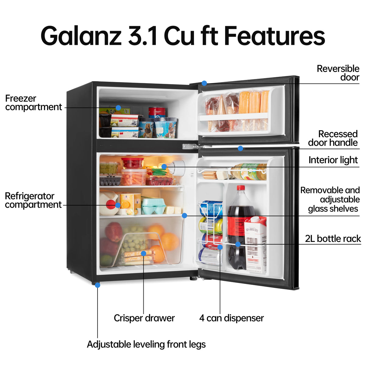 Galanz 3.1 cu ft Two Door Mini Fridge, Black, New