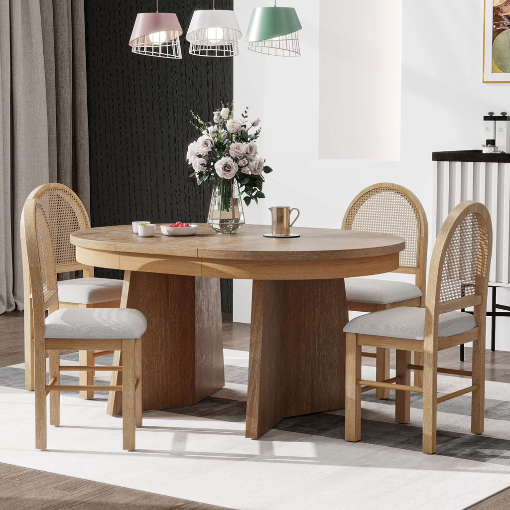 5 - Piece Extendable Dining Table Set for 4 People, Solid Wood Kitchen Table Set with 4 Upholstered Chairs and Rattan Backrests for Dining Room and Kitchen, Natural