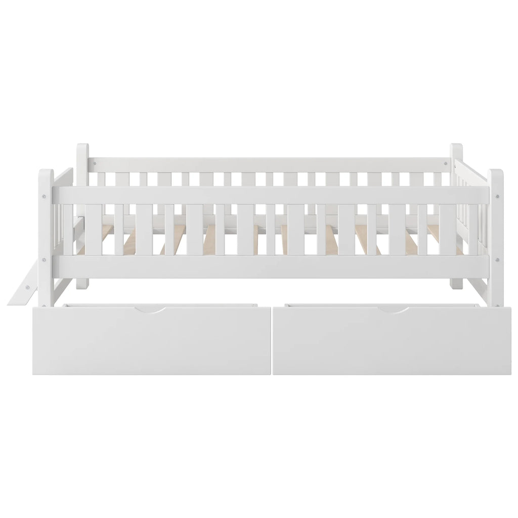Euroco Wood Twin Size Platform Bed with 2 Drawers and Ladder for Kids and Toddlers, White