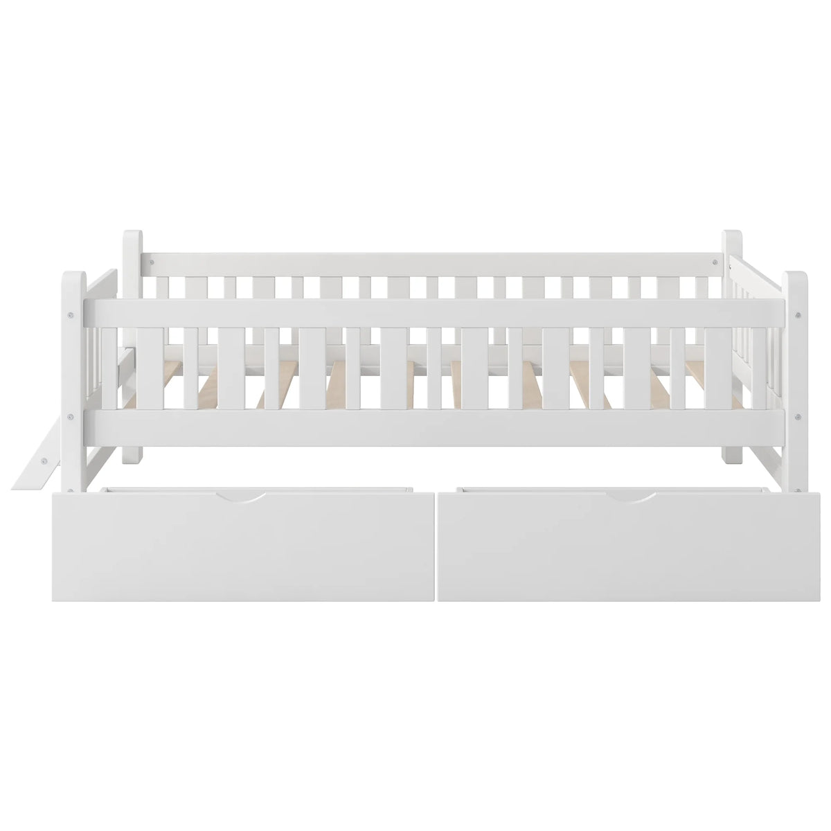 Euroco Wood Twin Size Platform Bed with 2 Drawers and Ladder for Kids and Toddlers, White