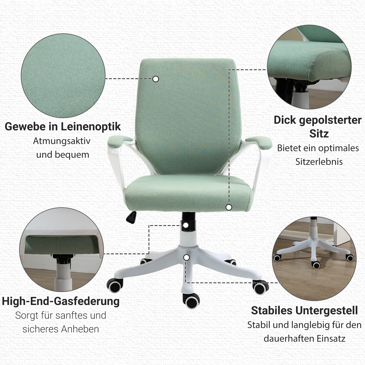 Vinsetto Bürostuhl Schreibtischstuhl Home-Office-Stuhl mit Wippenfunktion Rückenlehne höhenverstellbarer dick gepolstert ergonomisch 360°-Drehräder Polyester Nylon PP Grün+Weiß 62x69x92-100 cm
