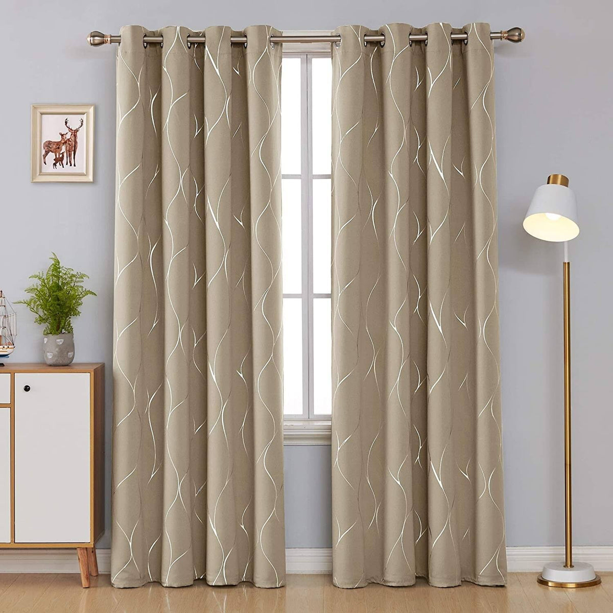 Deconovo Silver Wave Foil Print Blackout Curtains Grommet Light Blocking Curtain