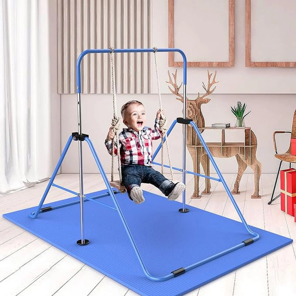 Safly Fun Gymnastics Bar with Mat for Kids, Height Adjustable Junior Training Bar Mat for Home, Folding Gymnastic Horizontal Bars Equipment (Pink+Mat)