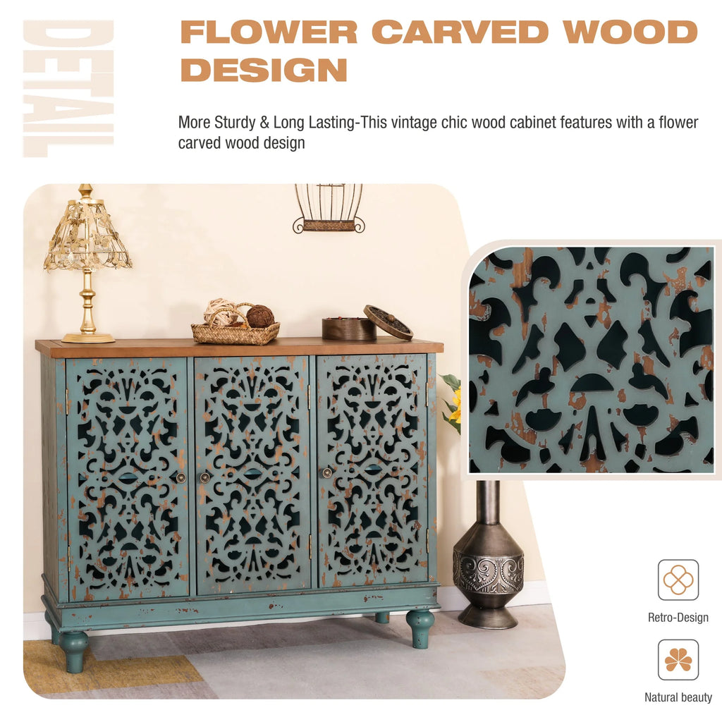 Sophia & William Hollow - Carved Credenzas and Sideboards, Wood Blue, 2 Shelves