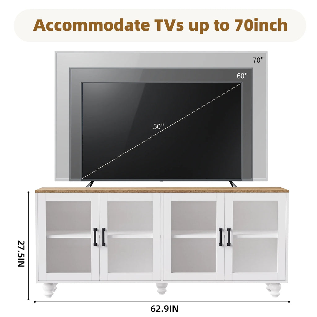 Euroco 110" Entertainment Center Wall Unit Set with Glass Display Cabinets, Adjustable Shelves & Vintage TV Stand for Tvs up to 85", Farmhouse Style Media Console with Storage, Gourd Legs