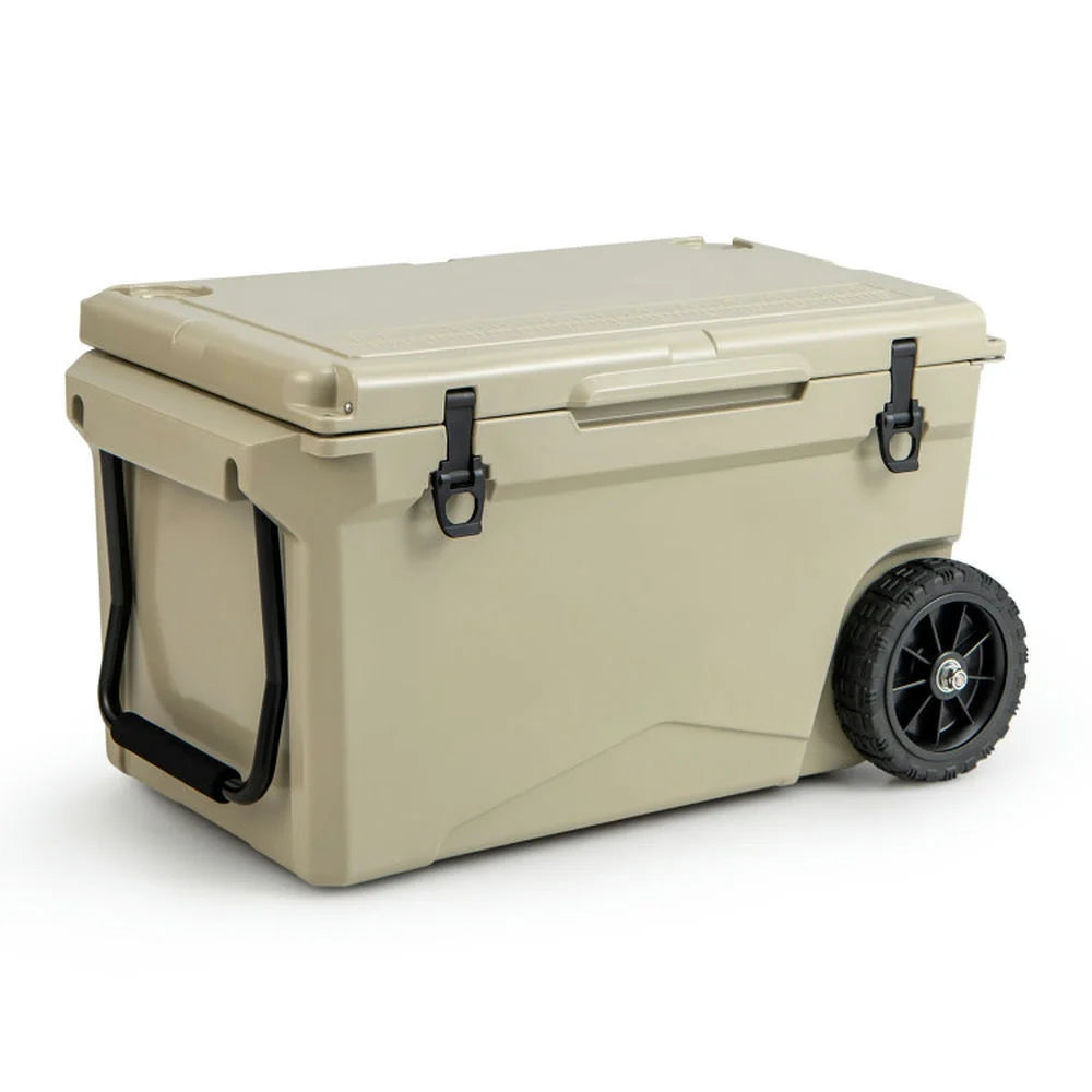 GVN Refrigerator Freezer, Fridge, 75 Quart Portable Cooler Rotomolded Ice Chest with Handles and Wheels - Tan