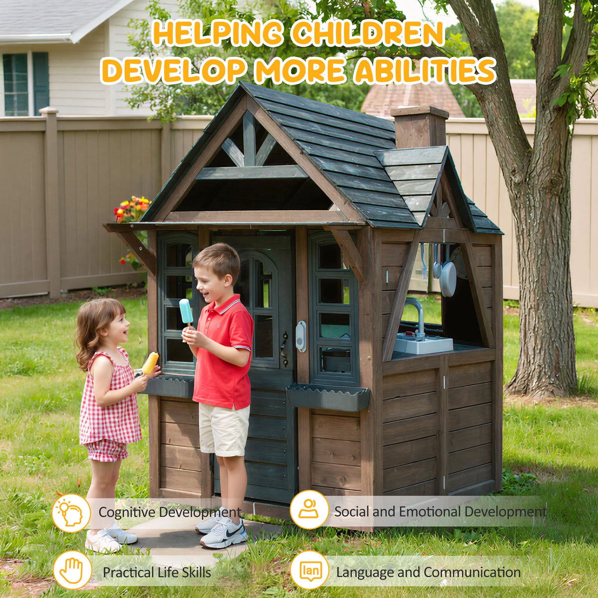 COCLUB Outdoor Playhouse for Kids Ages 4 - 8, Wooden Play House with Doorbell, Phone, Kitchen Toys, Outdoor Kids Play Equipment, Casa Para Niñas (45"l x 65"h), White & Black