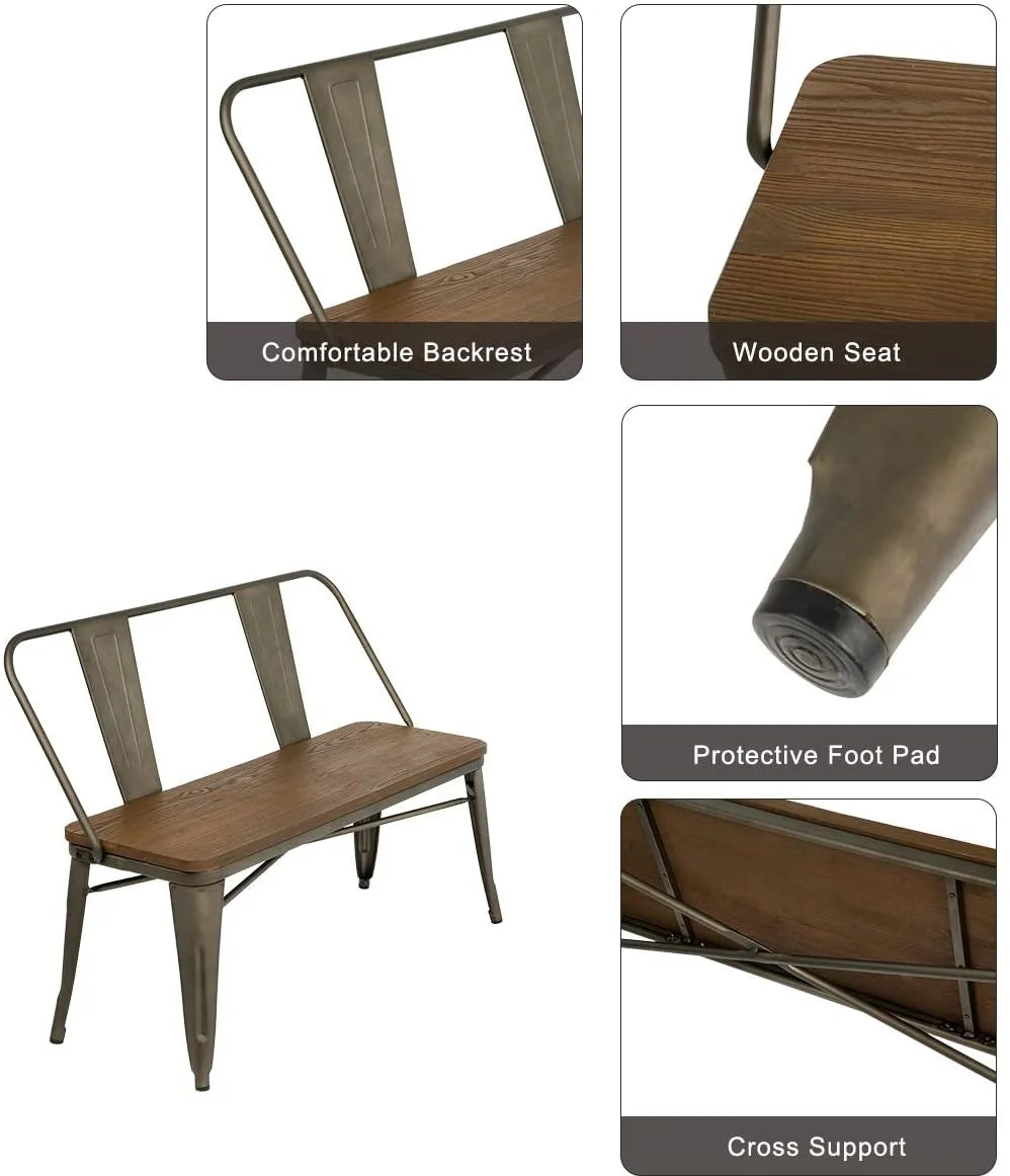 MELLCOM Metal Bench Industrial Mid - Century 2 Person Chair with Wood Seat, Dining Bench with Floor Protector