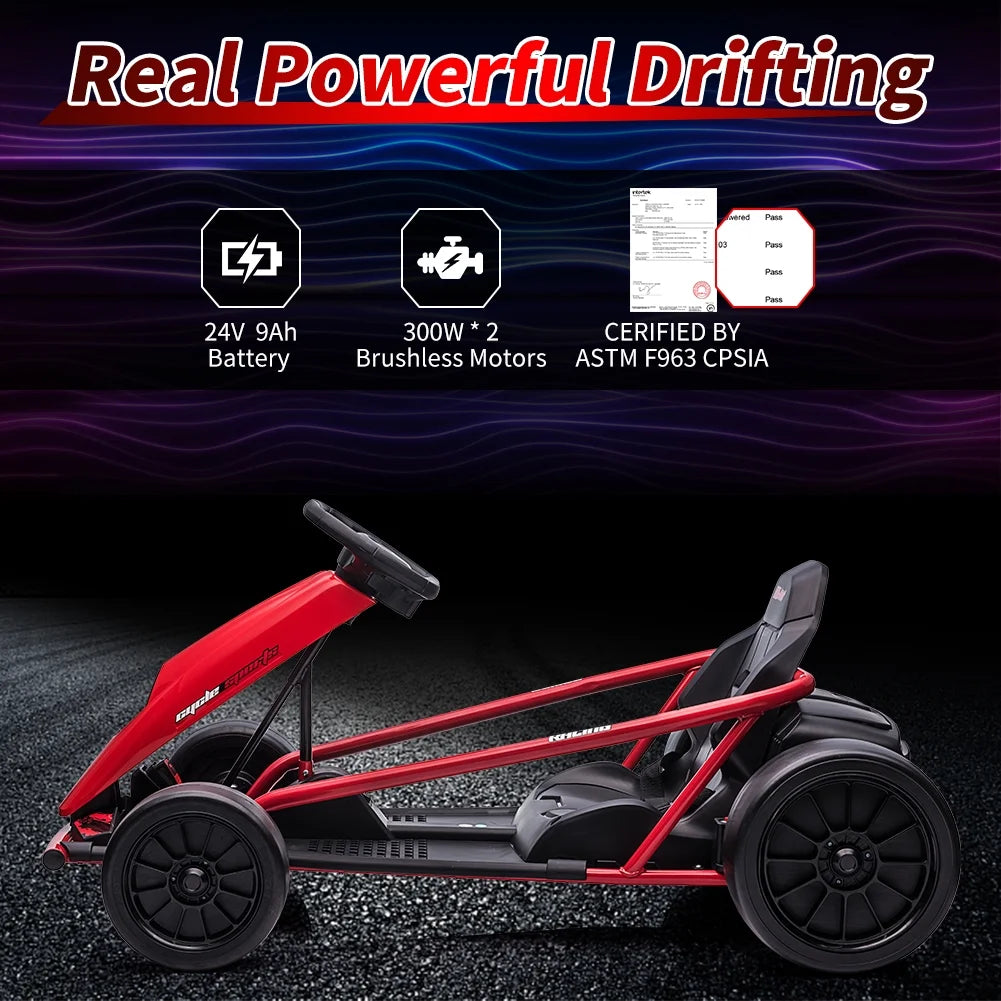 Kojooin Go Kart for Kids, 24V Battery 300WX2 Motors Pedal on Foot Go Cart, 8MPH High Speed Drifting Car with Slow Start Function, Rosé Red