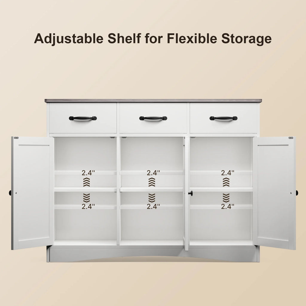 Coffee Bar Cabinet, Lofka 60" Buffet Cabinet with Storage, 2 Sliding Barn Doors & 4 Drawers for Kitchen, White + Rustic Brown