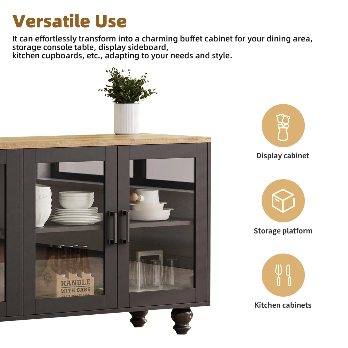 Euroco 110" Entertainment Center Wall Unit Set with Glass Display Cabinets, Adjustable Shelves & Vintage TV Stand for Tvs up to 85", Farmhouse Style Media Console with Storage, Gourd Legs