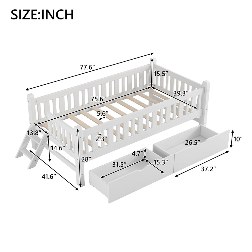 Euroco Wood Twin Size Platform Bed with 2 Drawers and Ladder for Kids and Toddlers, White