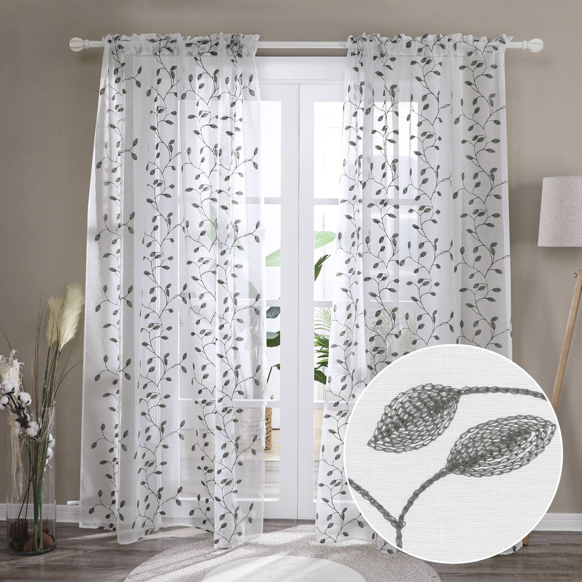 Deconovo Linen Sheer Curtains 63 inch Length 2 Panels, Embroidered Rod Pocket Voile with Leaves - Each 52x63 in, Grey, Size: 52 x 63, Gray