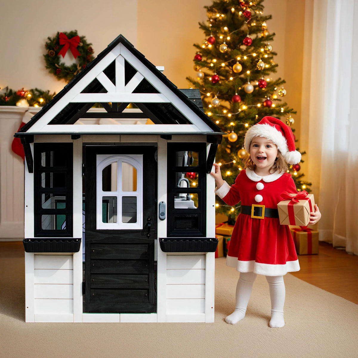 COCLUB Outdoor Playhouse for Kids Ages 4 - 8, Wooden Play House with Doorbell, Phone, Kitchen Toys, Outdoor Kids Play Equipment, Casa Para Niñas (45"l x 65"h), White & Black