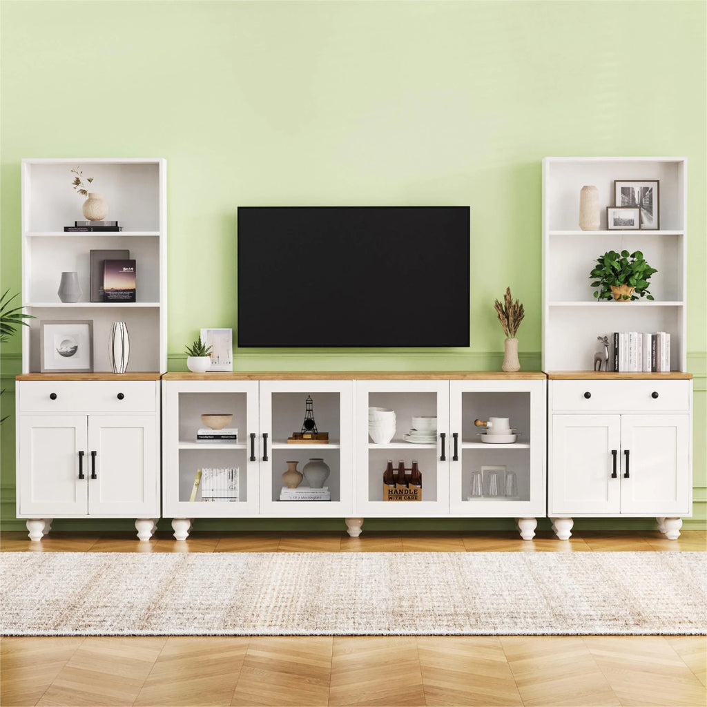 Euroco 110" Entertainment Center Wall Unit Set with Glass Display Cabinets, Adjustable Shelves & Vintage TV Stand for Tvs up to 85", Farmhouse Style Media Console with Storage, Gourd Legs
