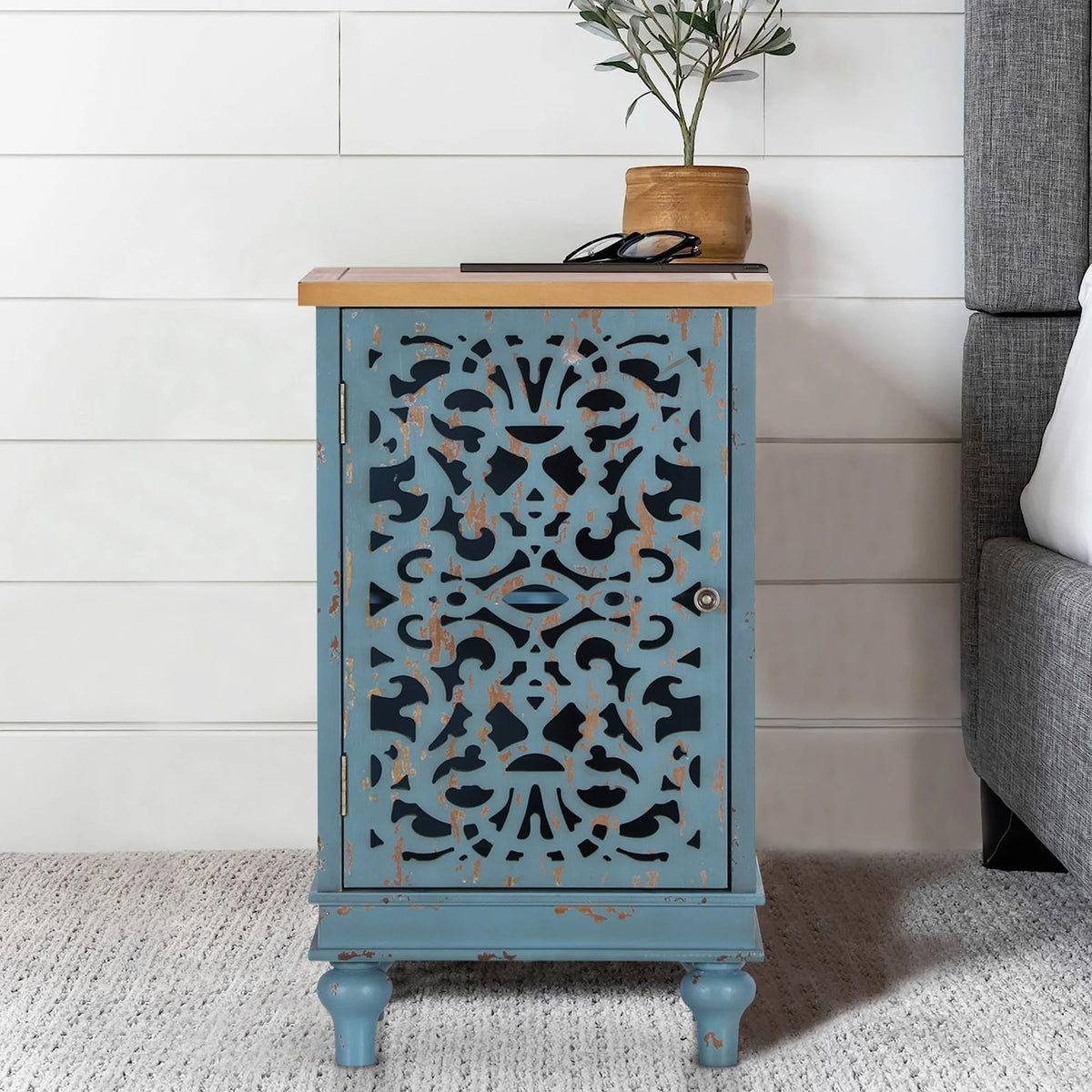 Sophia & William Hollow - Carved Credenzas and Sideboards, Wood Blue, 2 Shelves