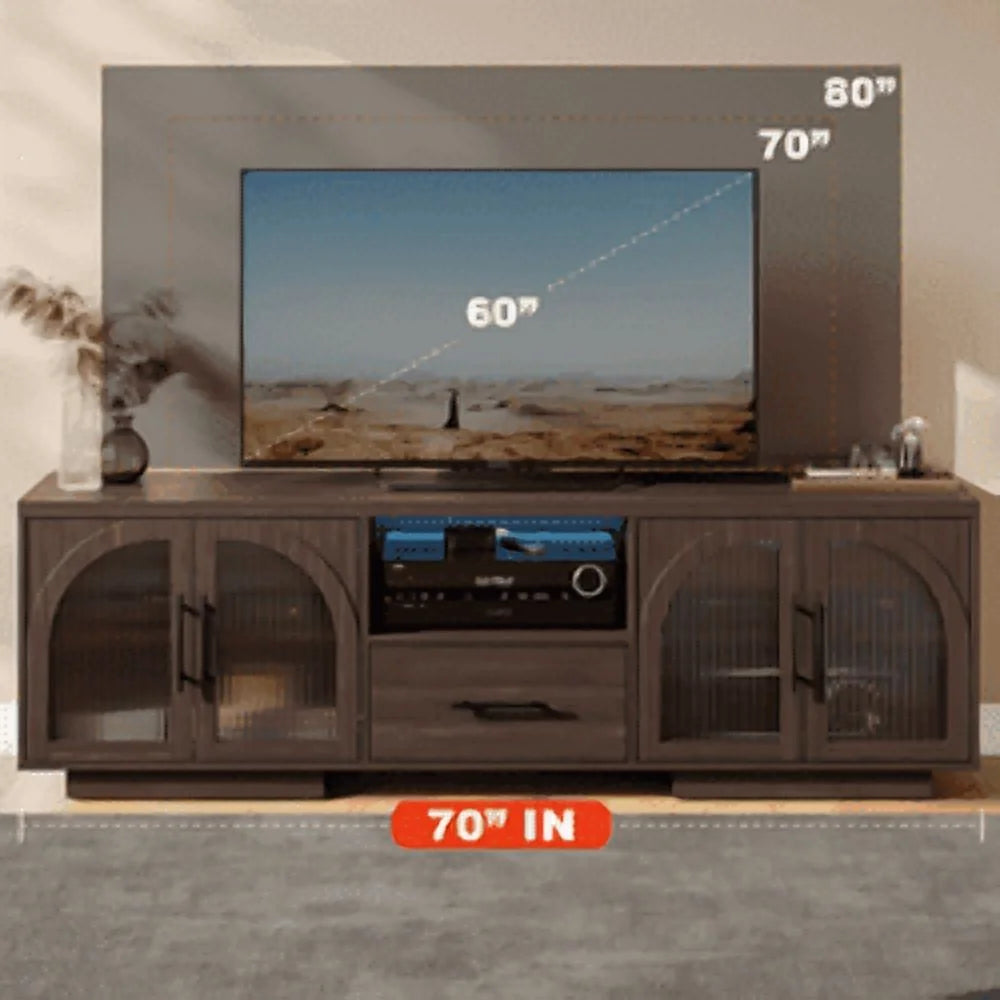 TV Stand for 75 in TV, LED TV Stand for Living Room, 70" Entertainment Center with Arched Glass Doors, Faux Marble Wood Finish Top, Adjustable Shelves, and LED Lighting, Black