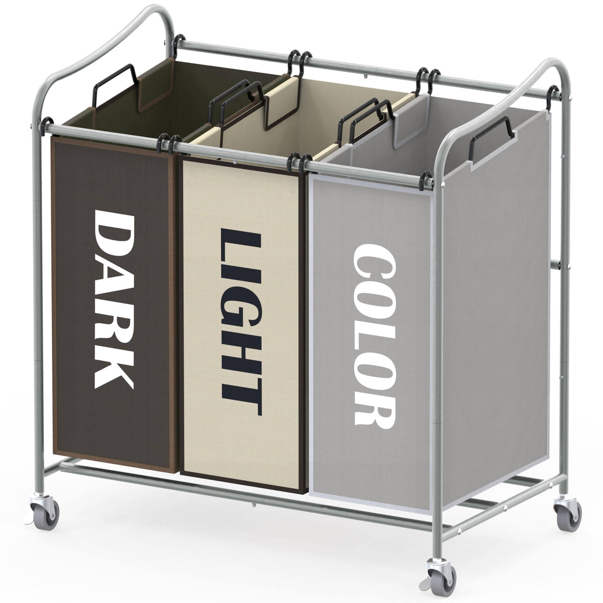 SimpleHouseware Heavy Duty 3-Bag Laundry Sorter Rolling Cart, Silver / Assorted Bags