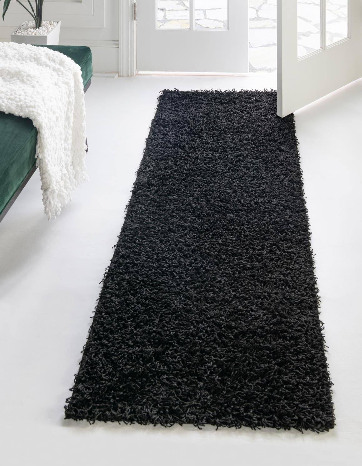 Comfort Solid Shag 6 ft Runner Jet Black Area Rug