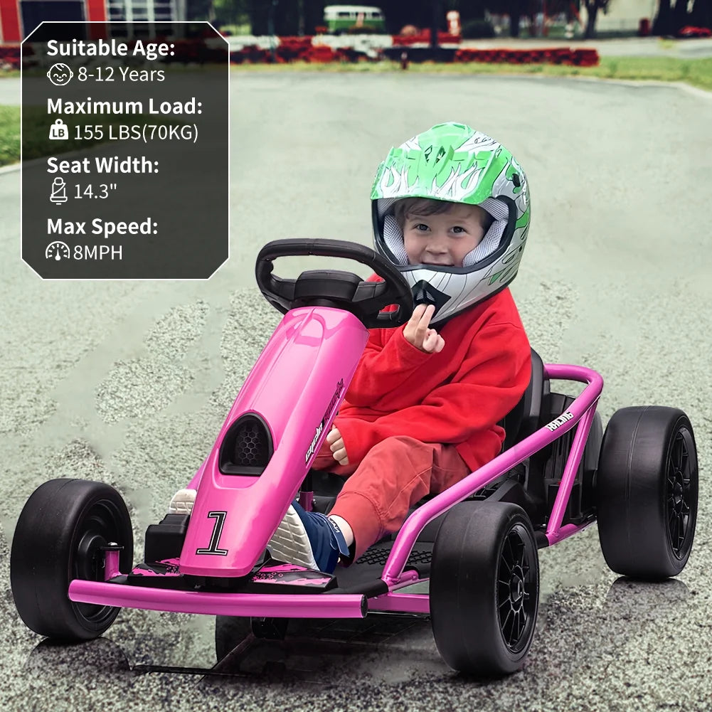 Kojooin Go Kart for Kids, 24V Battery 300WX2 Motors Pedal on Foot Go Cart, 8MPH High Speed Drifting Car with Slow Start Function, Rosé Red