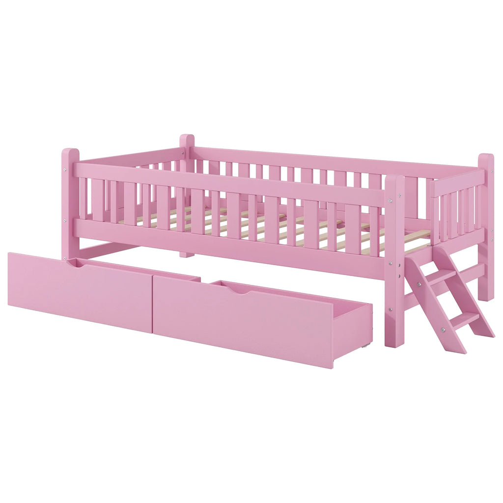Euroco Wood Twin Size Platform Bed with 2 Drawers and Ladder for Kids and Toddlers, White