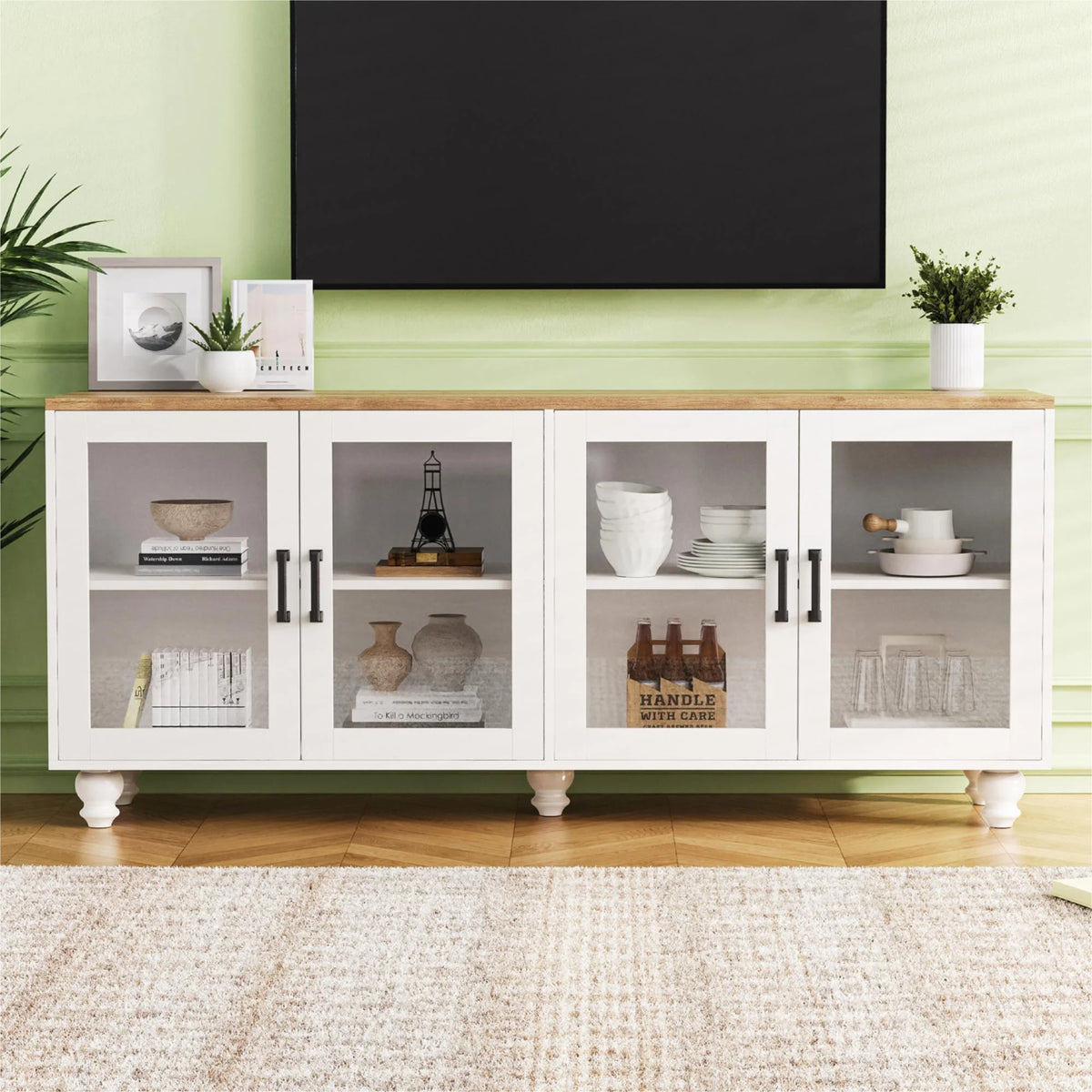 Euroco 110" Entertainment Center Wall Unit Set with Glass Display Cabinets, Adjustable Shelves & Vintage TV Stand for Tvs up to 85", Farmhouse Style Media Console with Storage, Gourd Legs